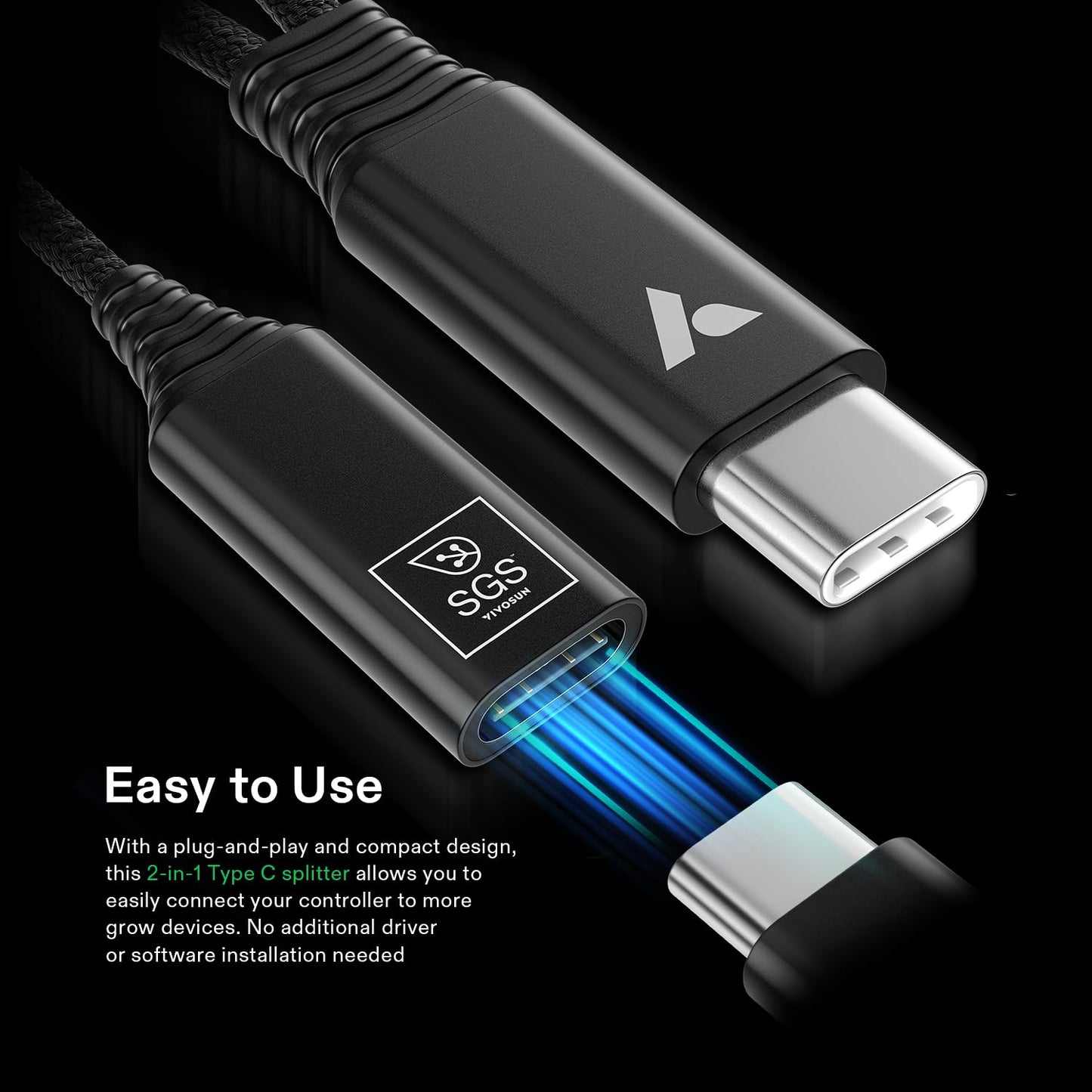 VIVOSUN USB-C Splitter with 1 Male to 2 Female, 2-in-1 Type C Splitter, Daisy-Chain Adapter Dongle for GrowHub Controller E42A