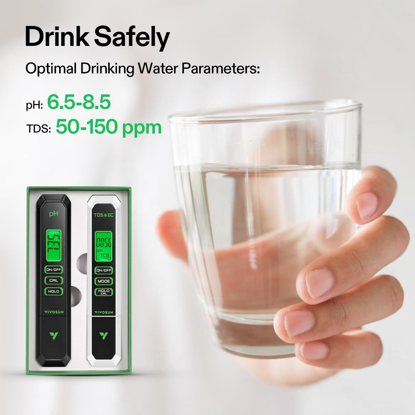 VIVOSUN Digital pH and TDS Meter Kits, 0.01pH High Accuracy Pen Type pH Meter ± 2% Readout Accuracy 3-in-1 TDS EC Temperature Meter for Hydroponics, Pool and Aquarium, Black White, UL Certified