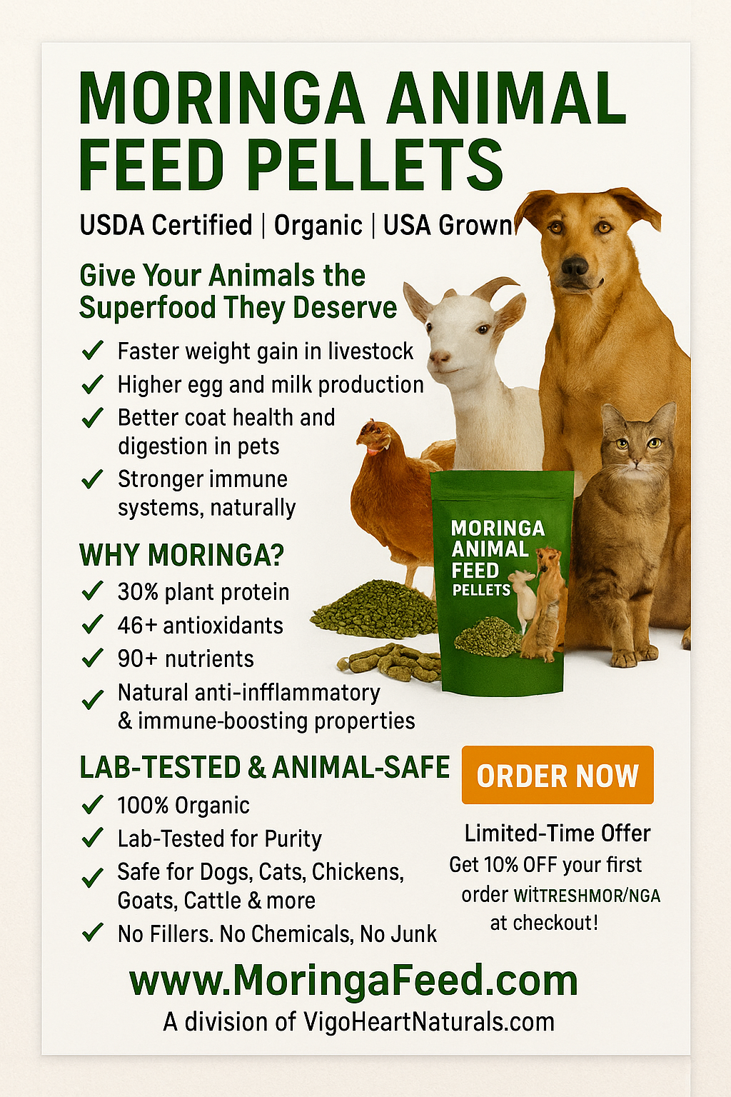 Moringa Animal Feed Supplements | Pellets | USDA Certified Organic